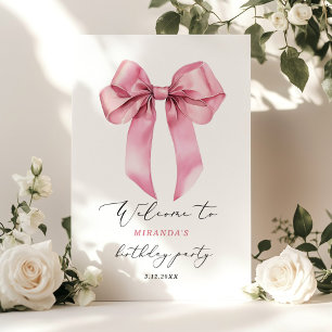 Affiche Arc en ruban rose élégant Filles Bienvenue anniver