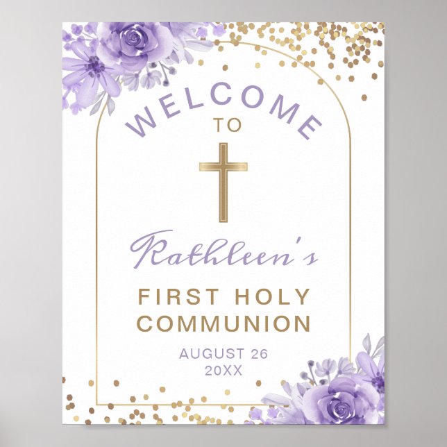 Affiche Arc Gold Purple Floral Première Communion Bienvenu (Devant)