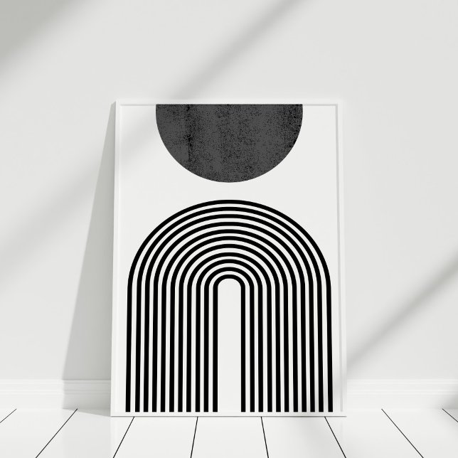 Affiche Arc minimaliste noir et blanc et cercle Abstrait (Black and White Boho Sun and Rainbow Wall Art against white wall in white frame.)