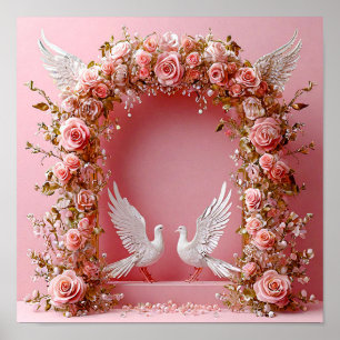 Affiche Arche de mariage Roses roses Colombes blanches 🌸�