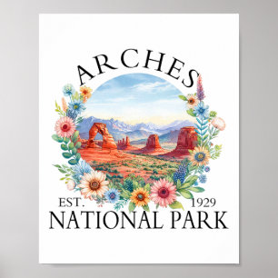 Affiche Arches National Park Floral Rétro Randonnée Campin
