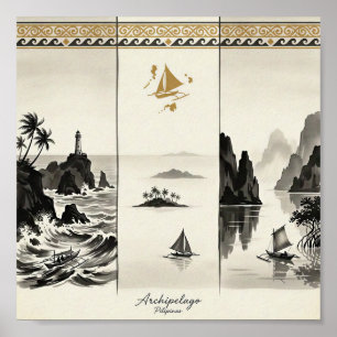 Affiche Archipel- Trois Mers des Philippines Sumi-e