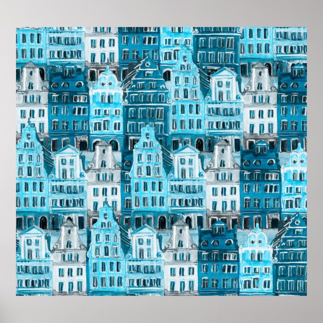Affiche Architecture d'Amsterdam, aquarelle bleue. (Devant)