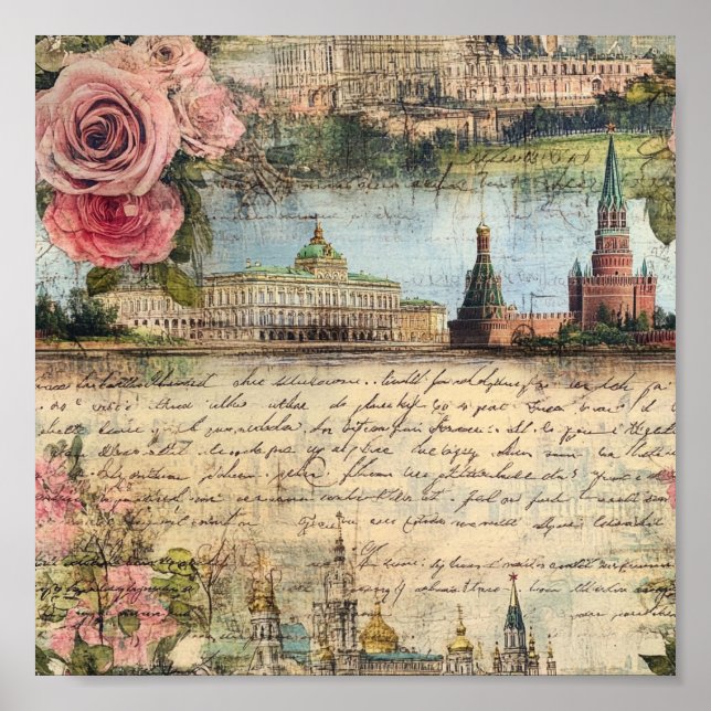 Affiche Architecture Vintage romantique & Collage Art Rose (Devant)