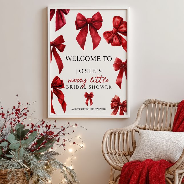 Affiche Arcs de Coquette Rouges Noël Hiver Mariage Bienven (Red Coquette Bows Christmas Winter Bridal Welcome Poster)