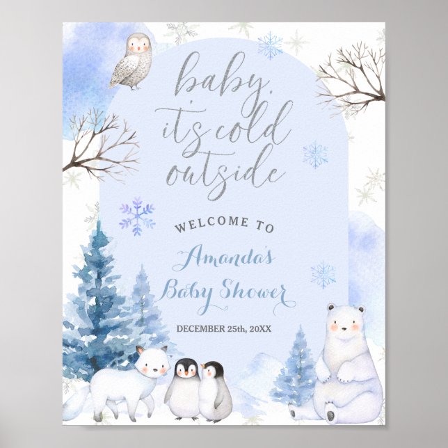 Affiche ARCTIQUE ANIMAL Snowflakes Arbres Baby shower Bien (Devant)