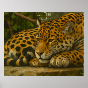 Affiche Ardoise dorée - Leopard reposant en feuillage