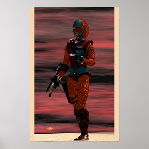 AFFICHE ARES - CYBORG SOUS LE COUCHER DE SOLEIL DU DÉSERT