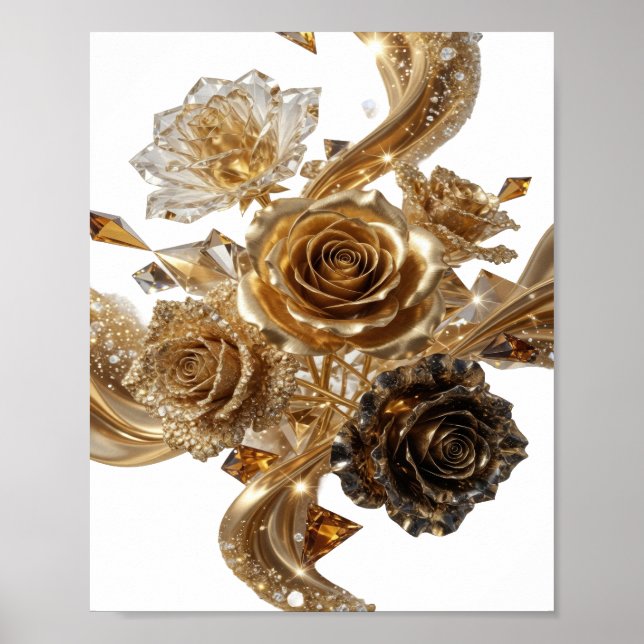 Affiche Argent à la mode ROSES ET DIAMANTS DORÉS (Devant)