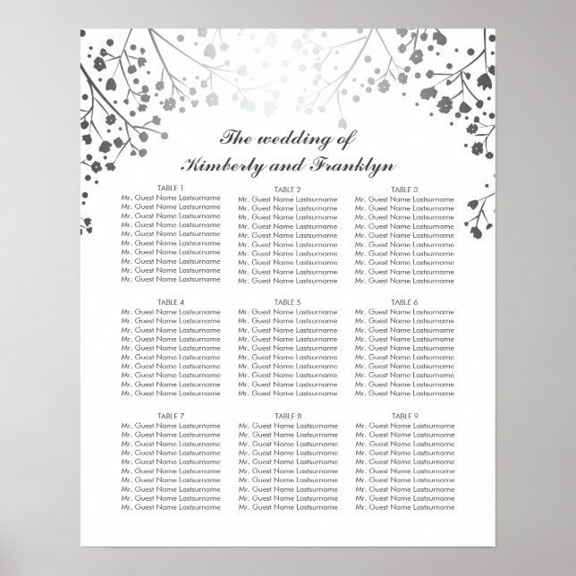 Affiche Argent Bébé's Breath White Mariage Seating Chart (Devant)