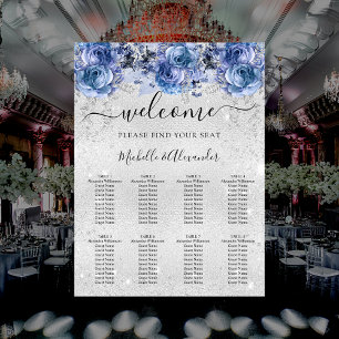 Affiche Argent bleu fleurs mariage