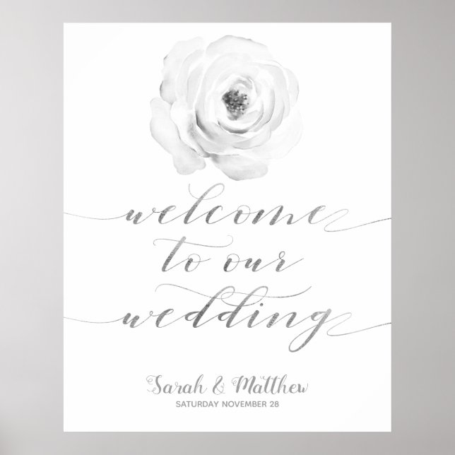 Affiche Argent Floral Blanc Noir Bienvenue À Notre Mariage (Devant)