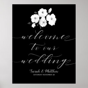 Affiche Argent Floral Blanc Noir Bienvenue À Notre Mariage