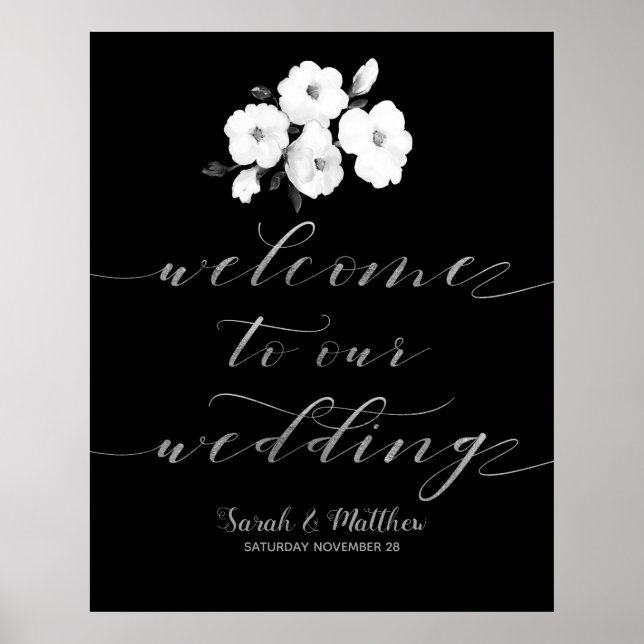 Affiche Argent Floral Blanc Noir Bienvenue À Notre Mariage (Devant)