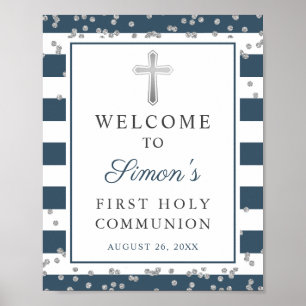 Affiche Argent Marine Stripes Première communion Bienvenue