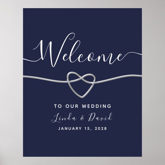 Affiche Argent moderne et Mariage bleu marine Bienvenue (Devant)