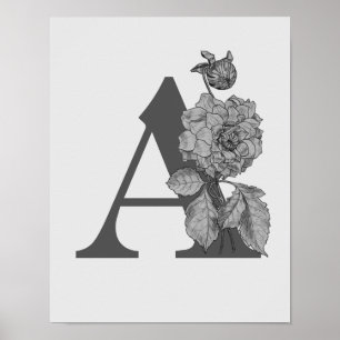 Affiche Argent Peony Élégant Monogramme Initiale A