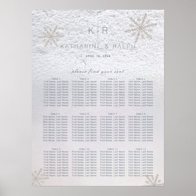 Affiche Argent Snowflake Hiver Mariage Carte de siège (Devant)