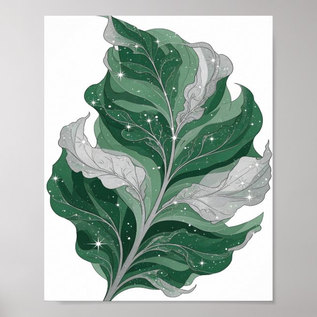 Affiche Argent vif DESIGN DE FEUILLE VERTE AVEC ÉTOILES (Devant)