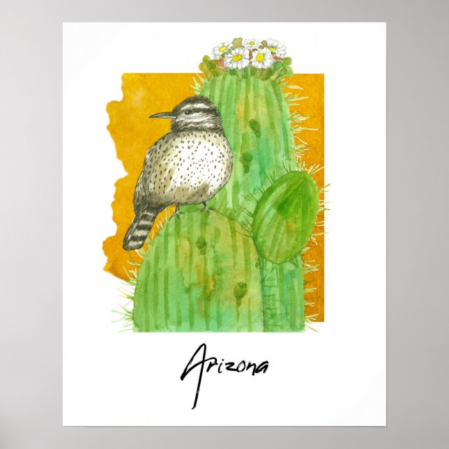 Affiche Arizona Saguaro Blooming Cactus Wren Bird (Devant)