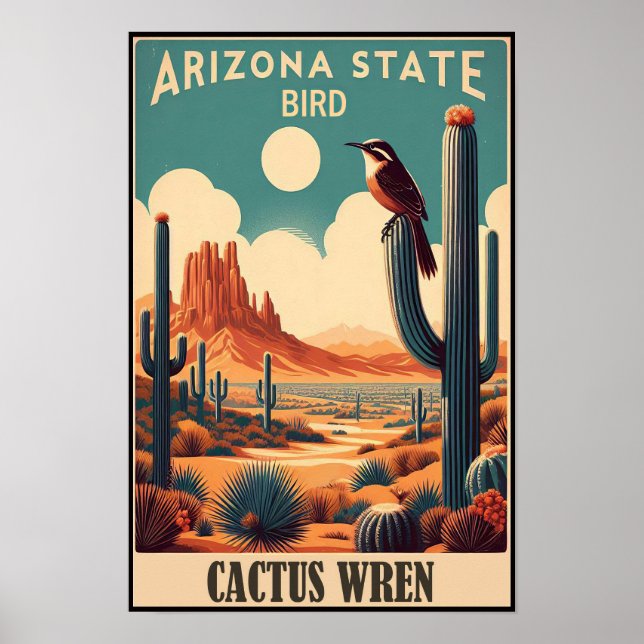 Affiche Arizona State Bird - Cactus Wren Vintage (Devant)