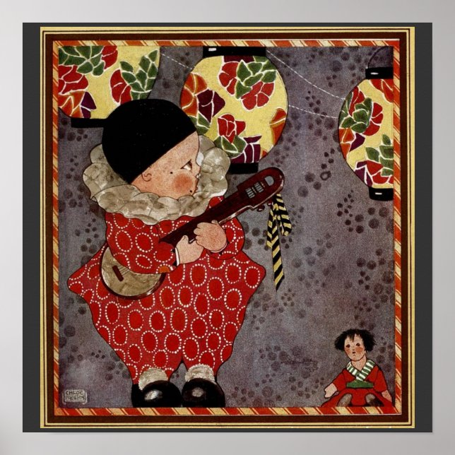 Affiche Arlequin enfant vintage, Musicien Jouant Banjo (Devant)