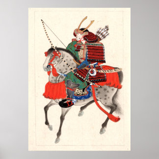 Affiche armure et casque à corne, Samouraï à cheval