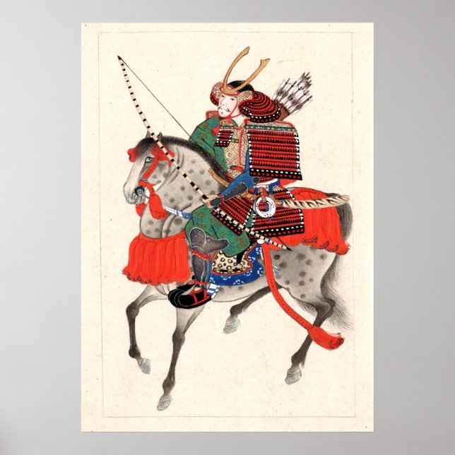 Affiche armure et casque à corne, Samouraï à cheval (Devant)