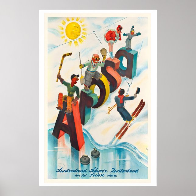 Affiche Arosa Switzerland Mountain Snow Winter Vintage Ski (Devant)