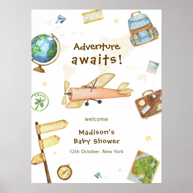 Affiche Around The World Airplane Baby Shower Welcome  (Devant)