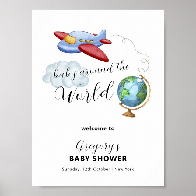 Affiche Around The World Map Airplane Baby Shower Welcome (Devant)