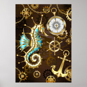 Affiche Arrière - plan en bois avec cheval de mer mécaniqu