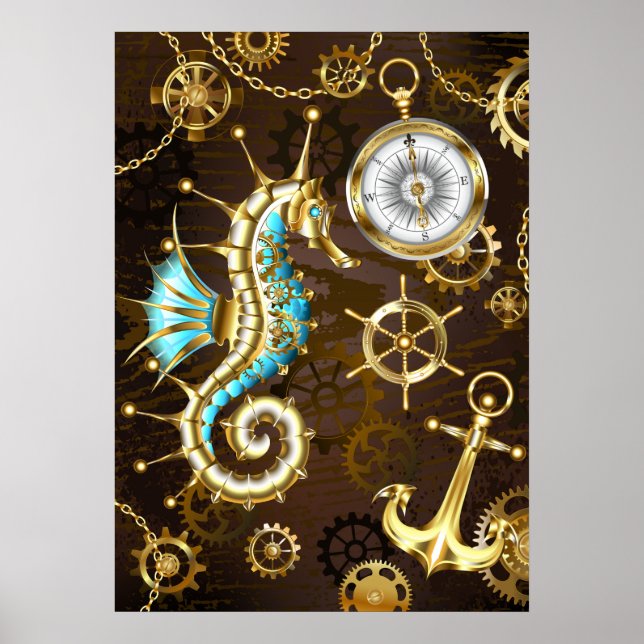 Affiche Arrière - plan en bois avec cheval de mer mécaniqu (Devant)