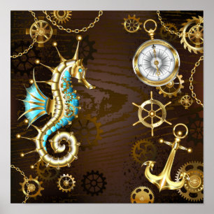 Affiche Arrière - plan en bois avec cheval de mer mécaniqu