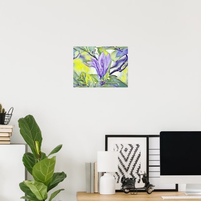 Affiche Arrière-plan vert de fleur de magnolia violet (Bureau à domicile)