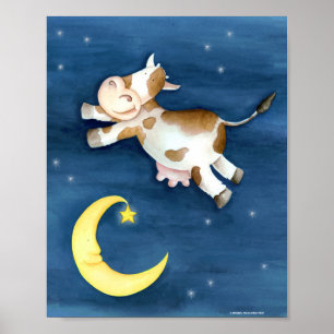 Affiche Art à l'aquarelle fantaisiste vache sautant par-de