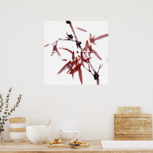 Affiche Art à l'encre avec escargot et bambou rouge