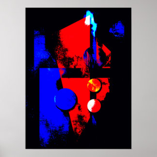 Affiche Art Abstrait 008, Couleurs Rouge, Bleu Et Noir