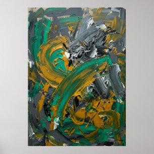 Affiche Art Abstrait à Coup de Pinceau Vert et Moutarde