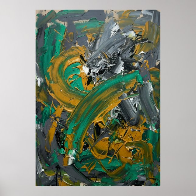 Affiche Art Abstrait à Coup de Pinceau Vert et Moutarde (Devant)