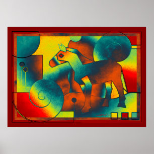 Affiche ART Abstrait - A HORSE - bleu rouge jaune