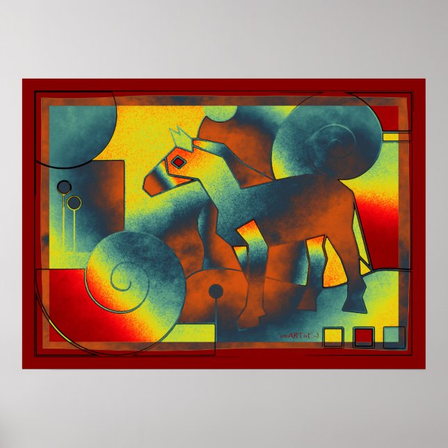 Affiche ART Abstrait - A HORSE - bleu rouge jaune (Devant)