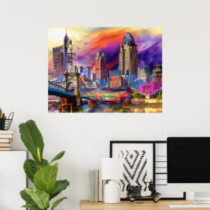 Affiche Art abstrait de la skyline de Cincinnati Ohio vibr