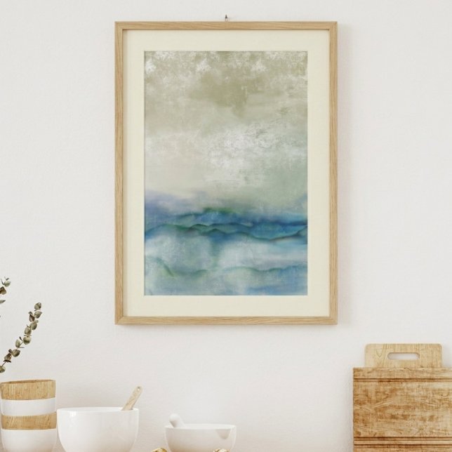 Affiche Art abstrait de l'océan bleu et beige (This abstract ocean art creates a peaceful, coastal vibe in a living room as a housewarming gift.)