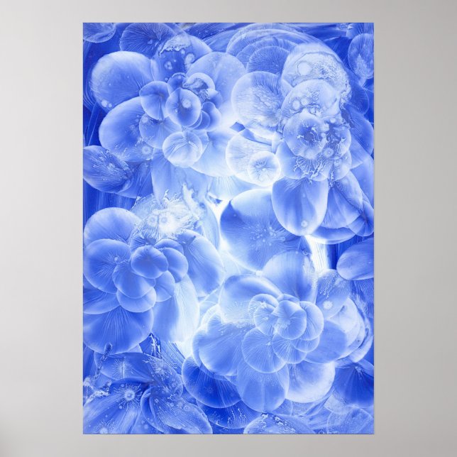 Affiche Art abstrait floral bleu blanc peint à la main (Devant)