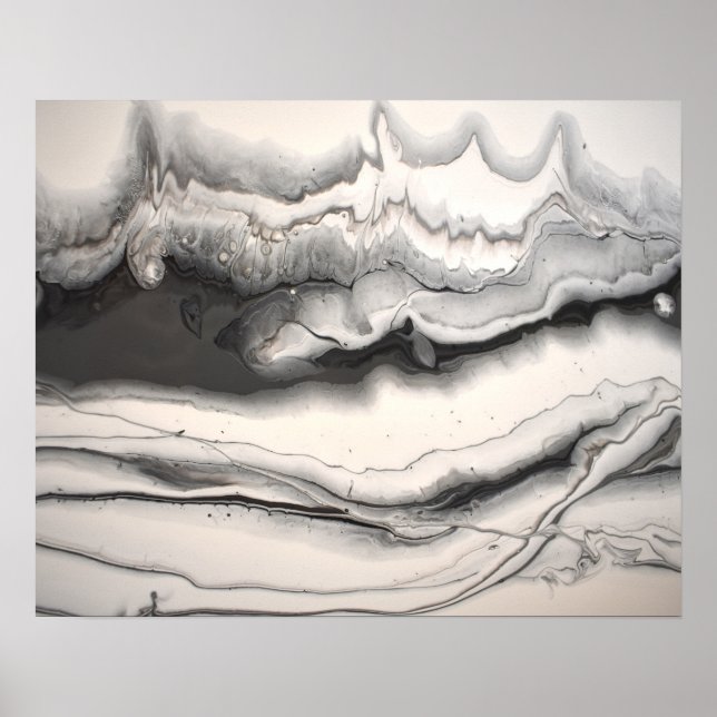 Affiche Art abstrait fluide horizontal gris noir et blanc (Devant)