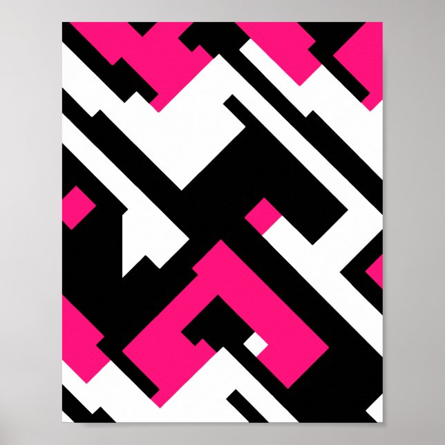 Affiche Art Abstrait géométrique en noir, blanc et Fuchsia (Devant)