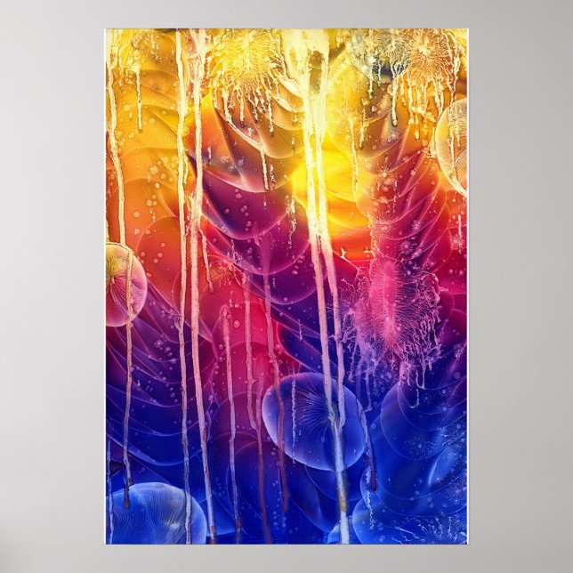 Affiche Art abstrait goutte à goutte rouge jaune bleu pein (Devant)