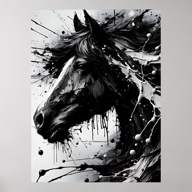Affiche Art Abstrait noir et blanc, Cheval (Devant)