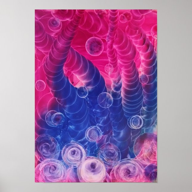 Affiche Art abstrait peint à la main Rose et Bleu Gouache  (Devant)